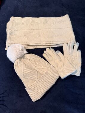 NWOT 3 piece Cozy Cable-Knit Pom Beanie, Scarf and Glove set
